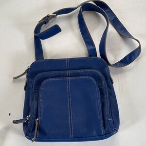 Tignanello Blue Textured Leather Triple Compartment Zipper Crossbody Bag